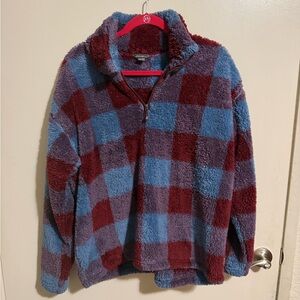 Eddie Bauer Plush Checkered Fleece Pullover - Blue & Burgundy